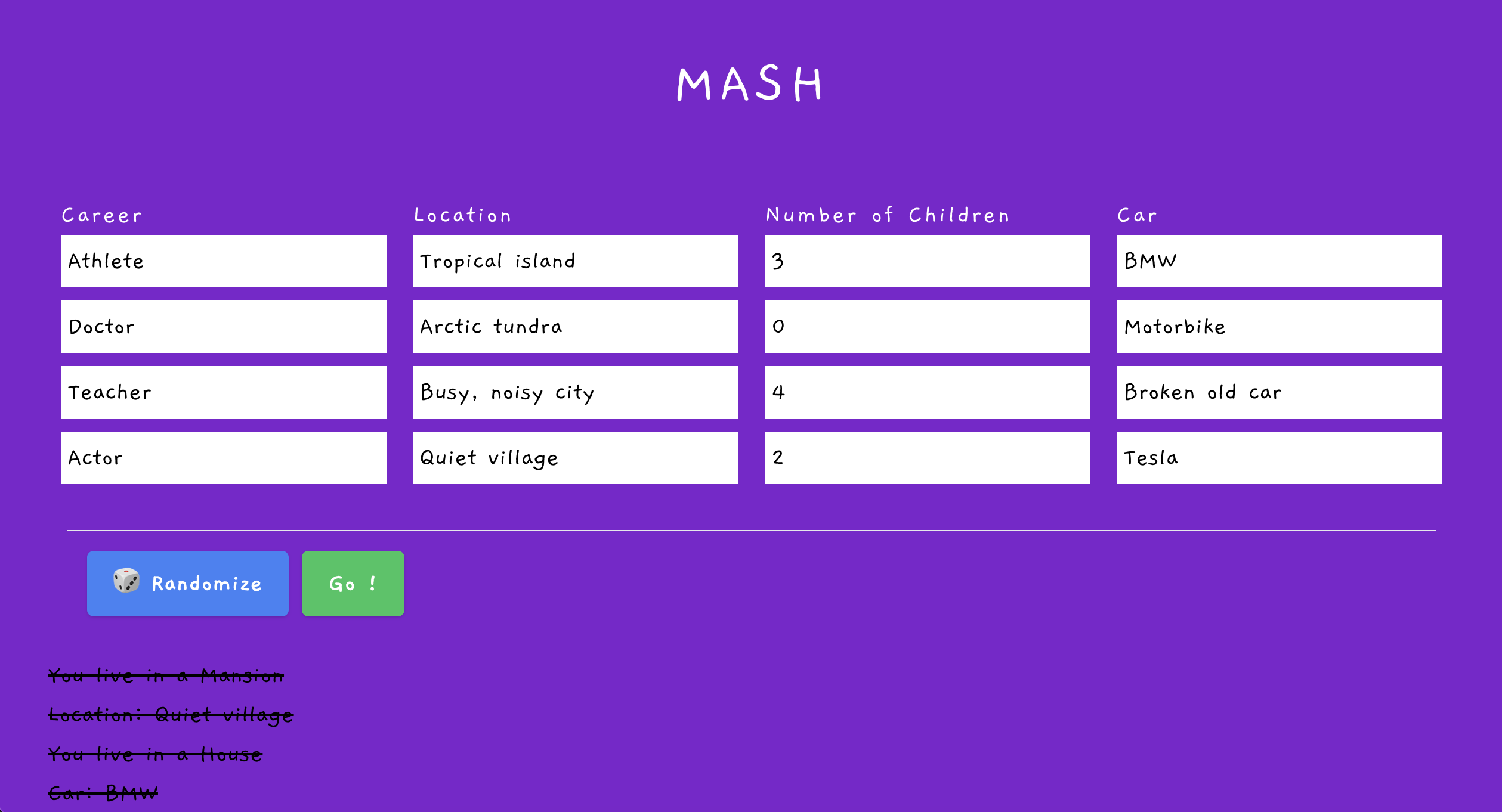 MASH Game